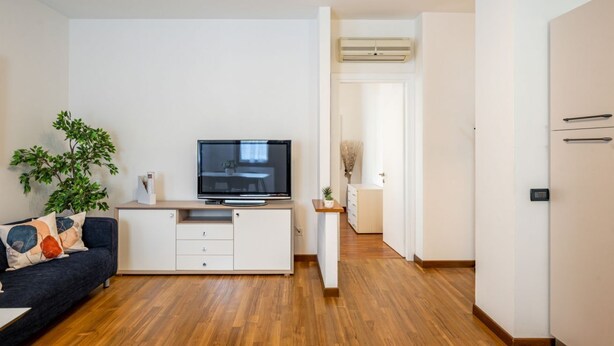Ein modernes Wohnzimmer mit einem Flachbildfernseher auf einem weißen Schrank, einem dunklen Sofa mit Zierkissen, einer Topfpflanze und Holzboden.