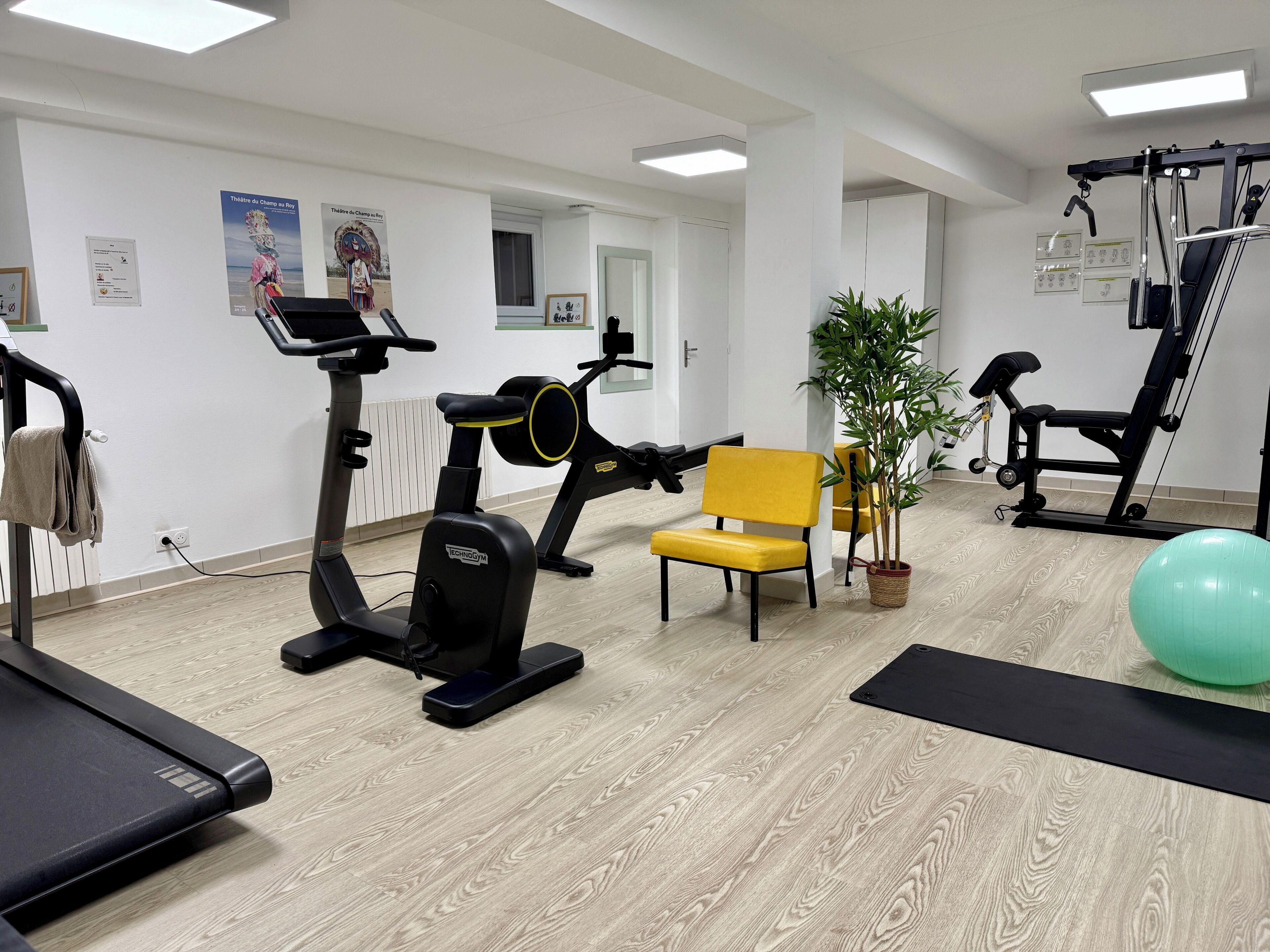 A gym with exercise equipment, a treadmill, a stationary bike, and a yoga mat.