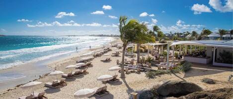 A beach with sun loungers and umbrellas, a covered area with plants, and a view of the ocean.