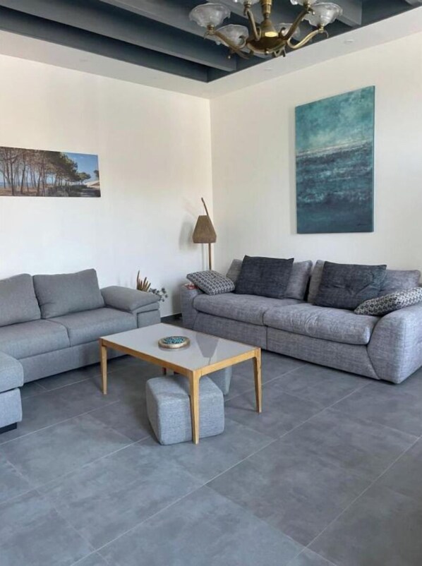 A modern living room with two grey sofas, a wooden coffee table, and a floor lamp.
