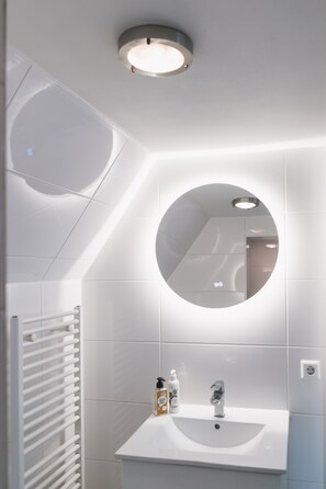 Shower, towels, soap, toilet paper