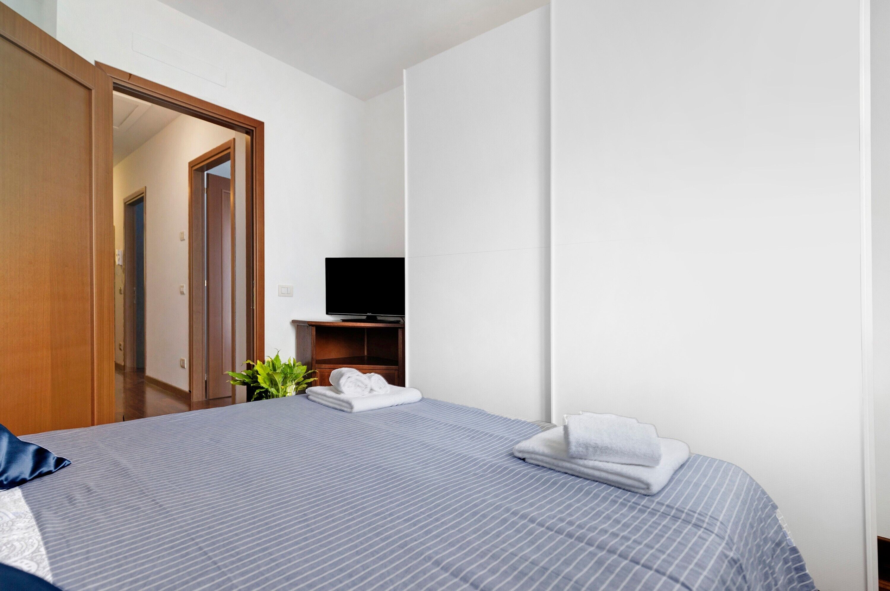 A hotel room with a bed, a television, a wooden wardrobe, and a plant.