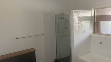 Combined shower/bathtub, jetted bath, hair dryer, towels