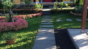 Un patio con un sendero que lleva a un edificio de paredes amarillas y puerta roja. Hay plantas en macetas y un pequeño árbol en primer plano.
