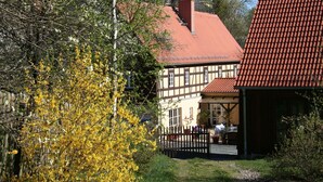 Une maison traditionnelle à colombages, avec un toit recouvert de tuiles rouges, une cheminée bien visible et un jardin agrémenté d’arbustes à fleurs jaunes.