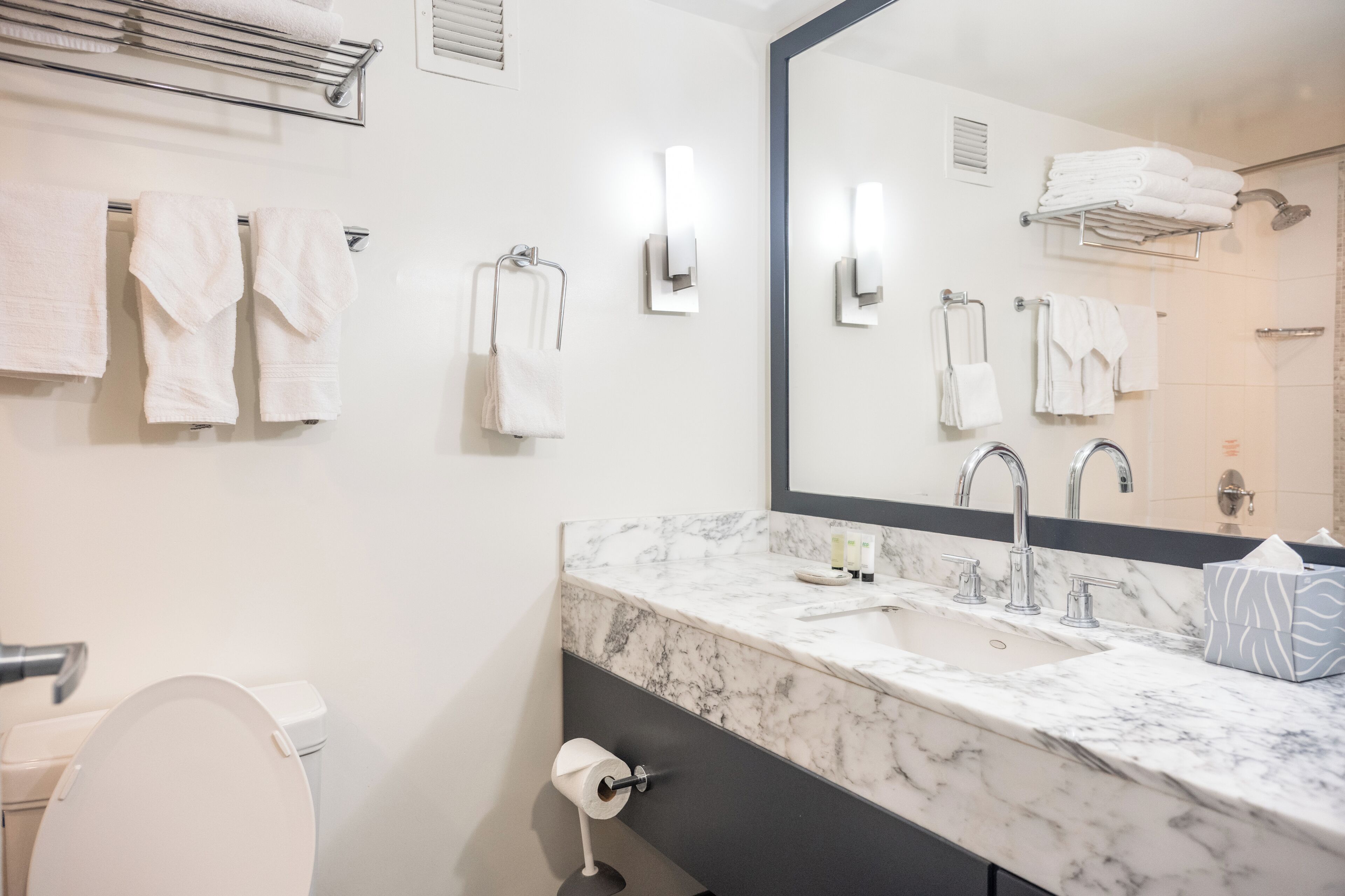 Combined shower/tub, hair dryer, towels