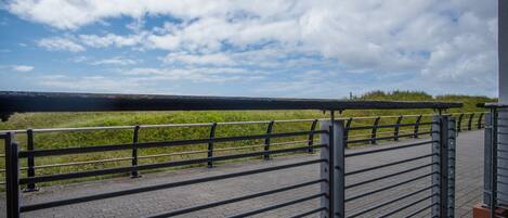 A paved walkway with metal railings, a grassy area, and a body of water in the distance.