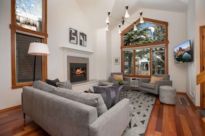 Flat-screen TV, fireplace