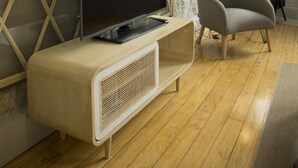 A modern living room with a large flat-screen TV on a wooden stand, a comfortable armchair, and a floor lamp. - Top Porto (Porto)