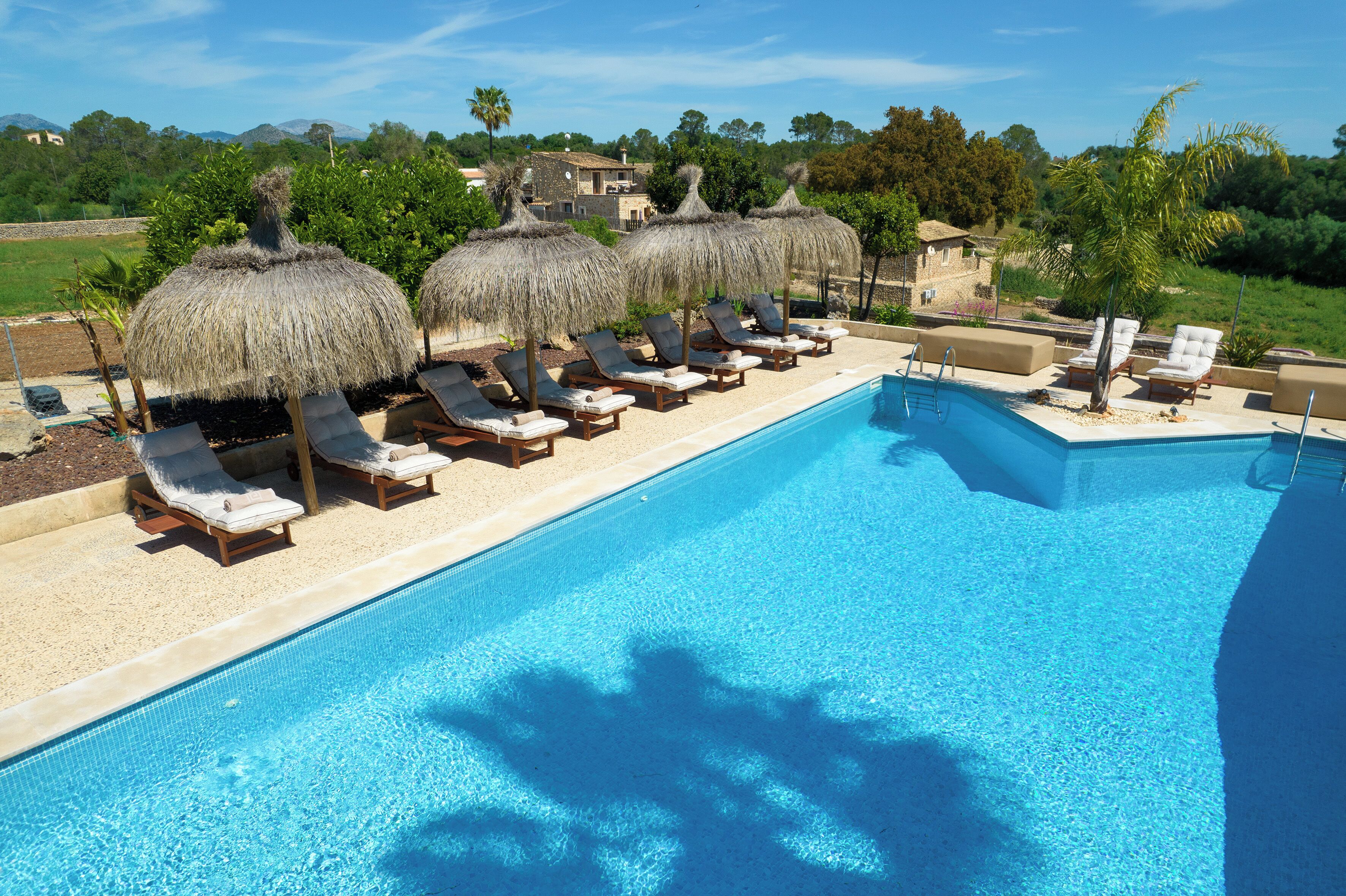 A swimming pool with lounge chairs and thatched umbrellas, surrounded by greenery and buildings.