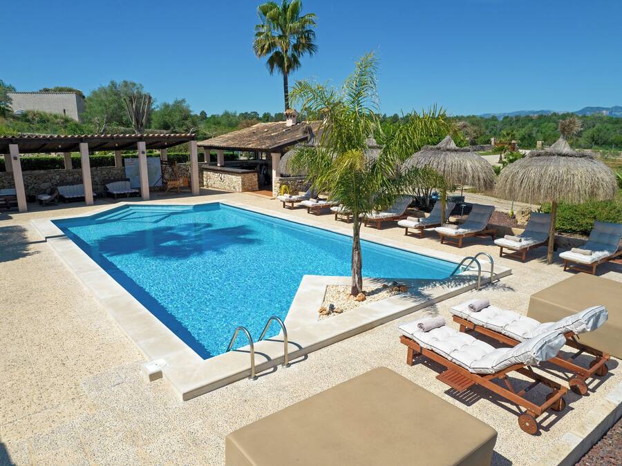 Un área de piscina con sillas de descanso, una palmera y una estructura de techo de paja.