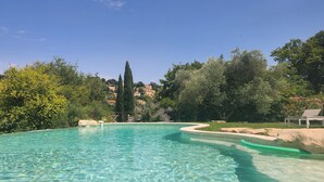 Piscina cristalina con vista a árboles circundantes y una colina distante.