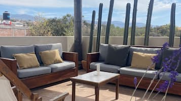 A covered outdoor seating area with sofas and a table, surrounded by cacti and a potted plant.