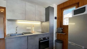 A modern kitchen with grey cabinets, a stainless steel refrigerator, a built-in oven, and a window with a view. - 1st floor, balcony, parking, tv, ski locker, 29m², Praz sur Arly (Praz-sur-Arly)