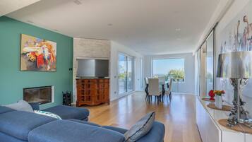 Smart TV, fireplace, DVD player, books