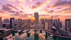 Un paisaje urbano con un puerto deportivo lleno de barcos, rodeado de rascacielos y un atardecer.