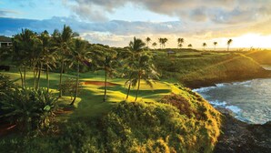 A coastal golf course with lush greenery and palm trees, overlooking the ocean.