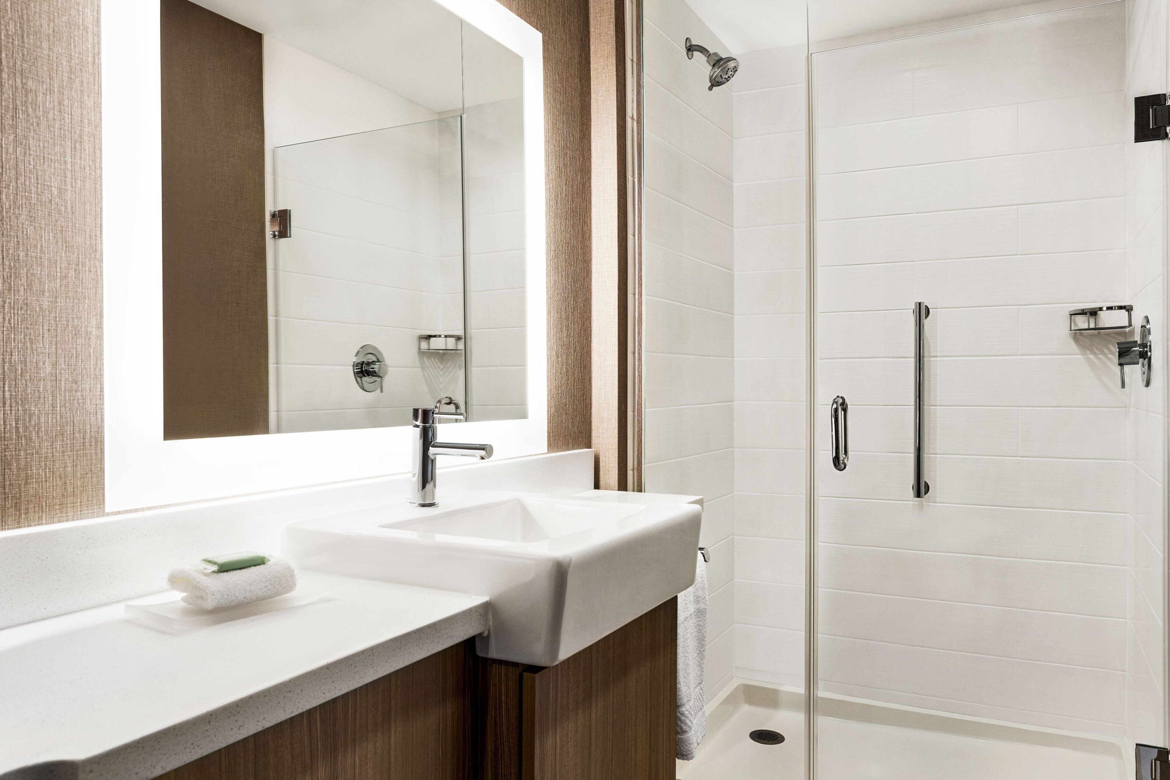 A modern bathroom with a large mirror, two sinks, and a glass-enclosed shower area.