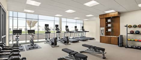 A gym with treadmills, elliptical machines, and free weights.