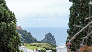 Ein Balkon mit einem Blumentopf, Blick auf eine Küstenlandschaft mit Gebäuden und einer markanten Felsformation.