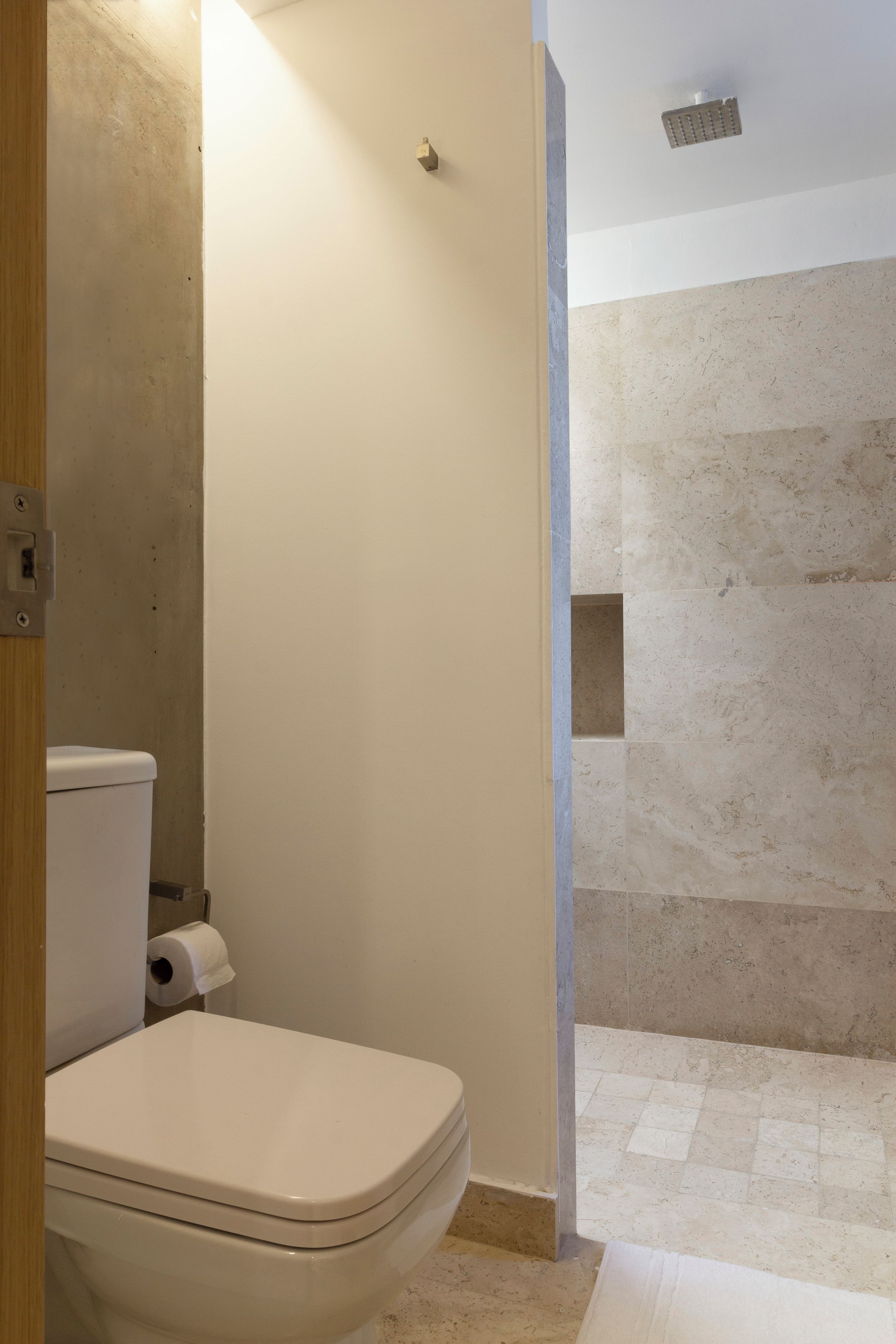 A bathroom with a toilet, shower, and a wall-mounted toilet paper holder.