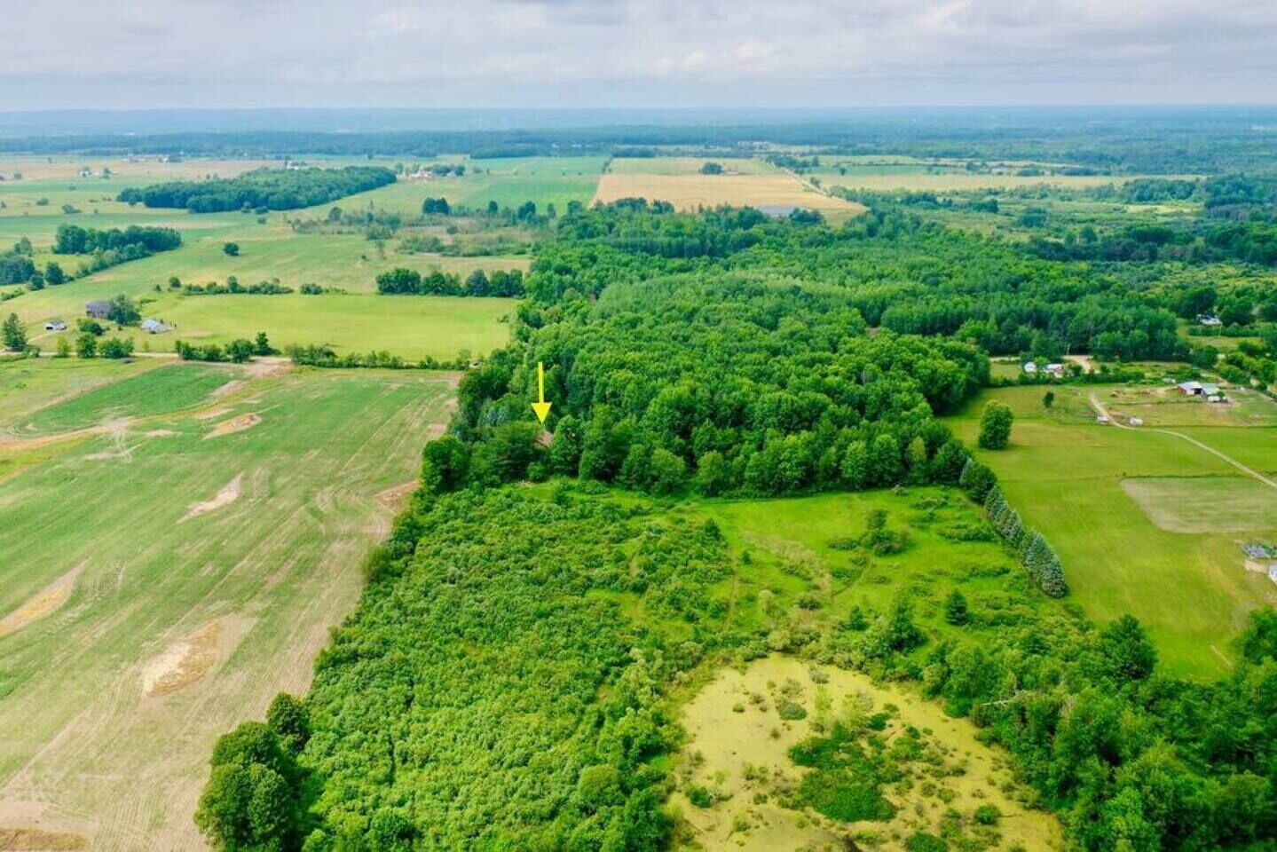 An aerial view of a rural landscape with fields, forests, and scattered buildings.