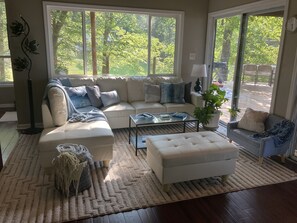 Smart TV, fireplace, books, printers