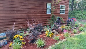 A wooden house with a garden bed in front. - Lakefront cottage on rustic setting in cove (Buckhead)
