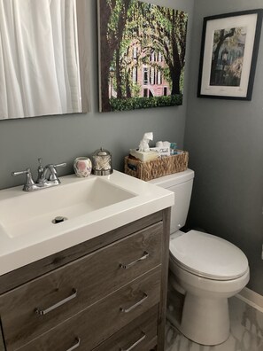 Bathtub, hair dryer, towels, soap - Lakefront cottage on rustic setting in cove (Buckhead)
