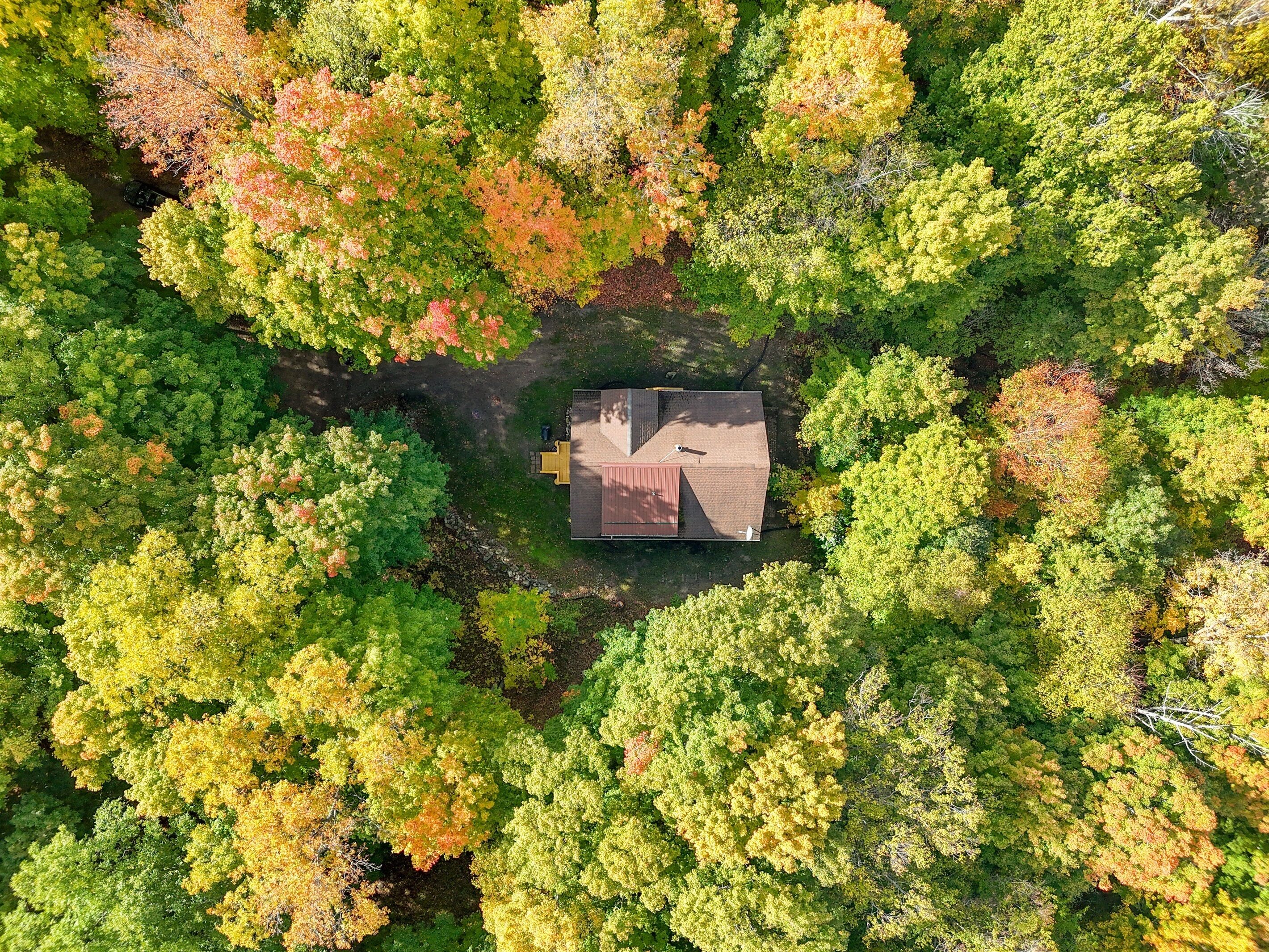 An aerial view of a house surrounded by dense trees with autumn foliage.
