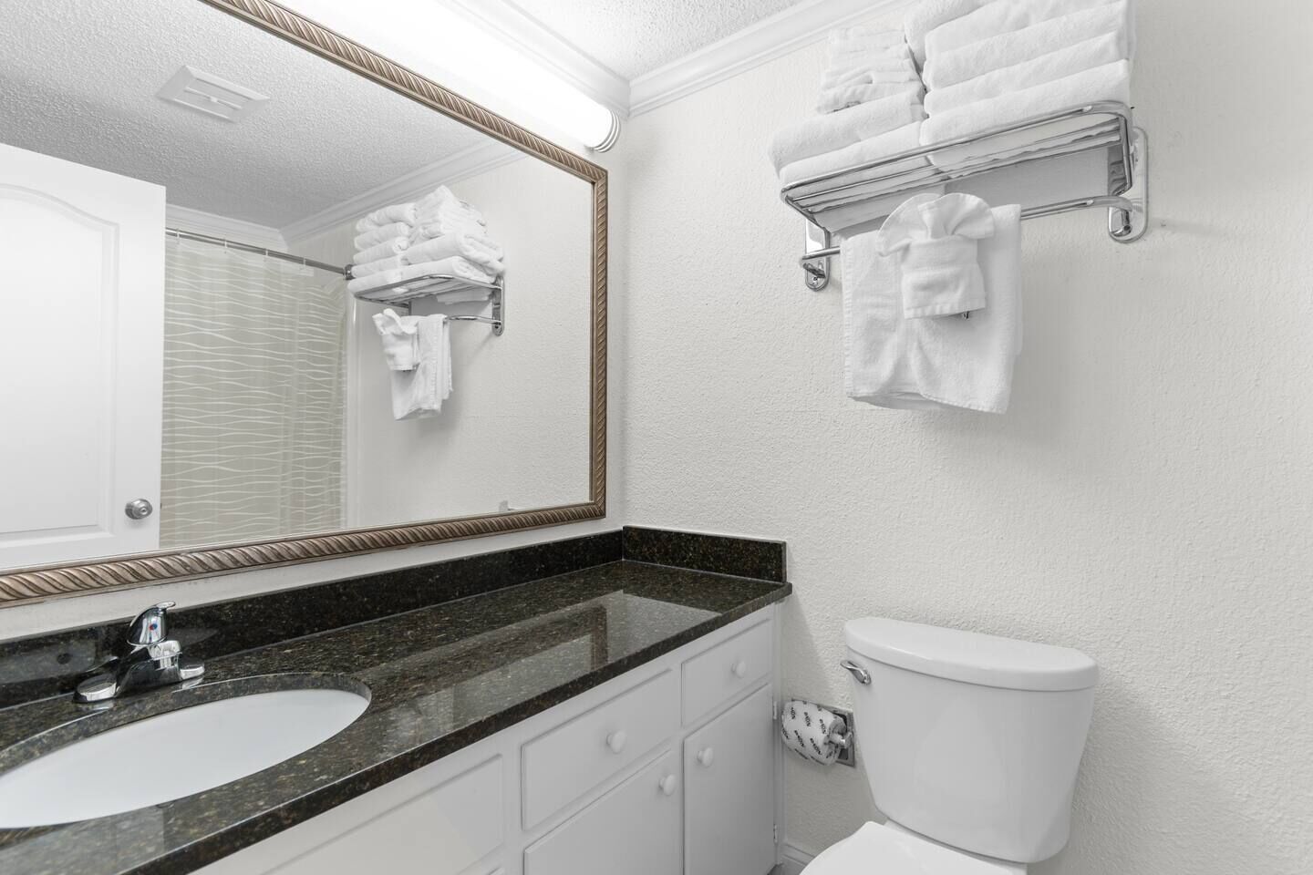 Une salle de bain avec un lavabo à vasque en granit, des toilettes blanches, un porte-serviettes et un miroir avec un cadre décoratif.