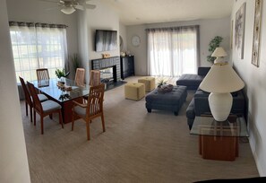 Smart TV, fireplace, video games, stereo