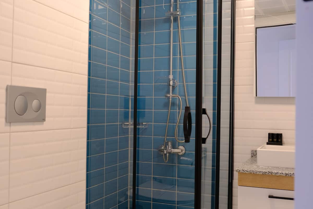 standard double or twin room | bathroom | shower, designer toiletries, hair dryer, slippers