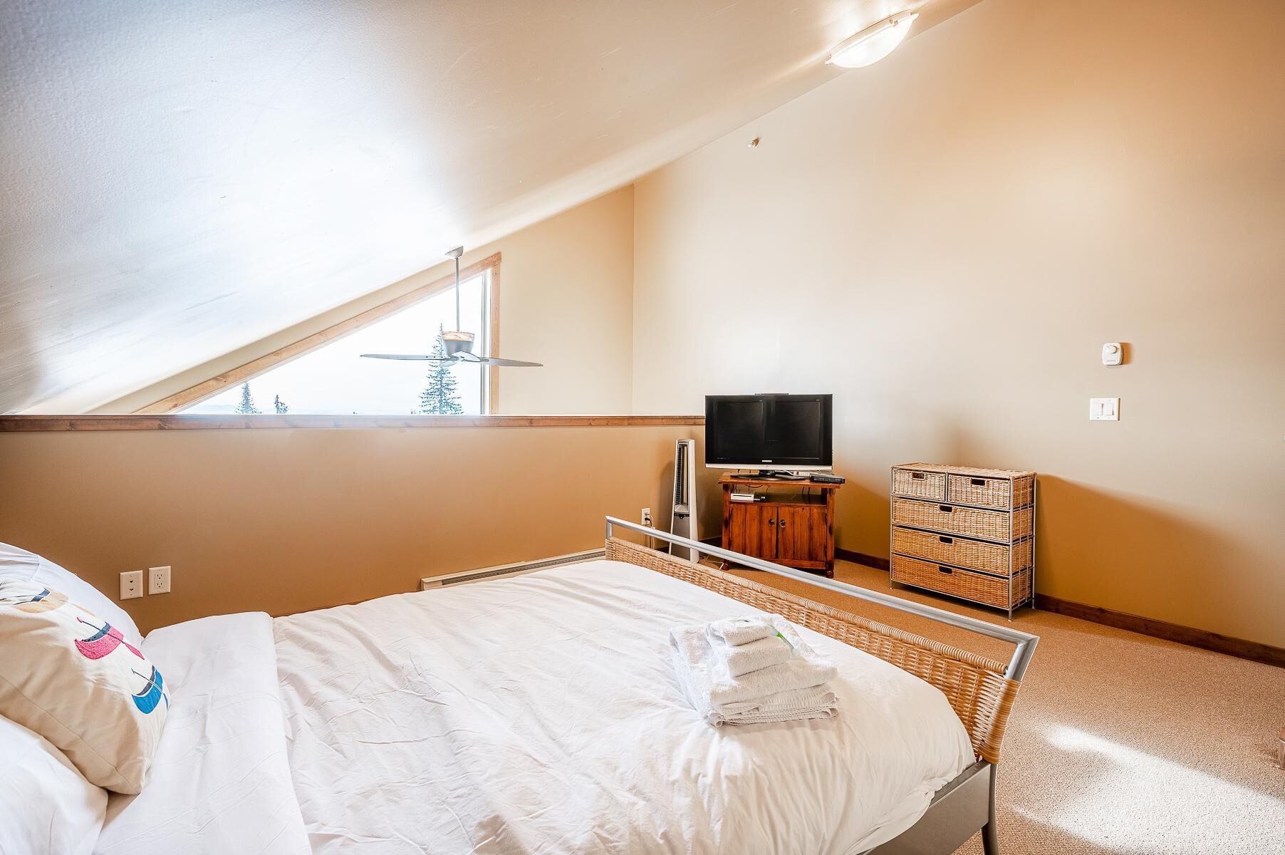 Une chambre à coucher avec un lit, une télévision et une petite armoire.