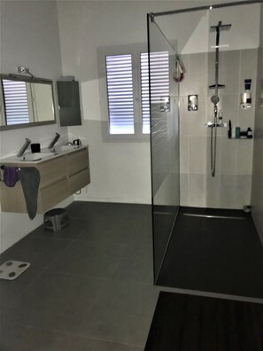 Shower, hair dryer, toilet paper