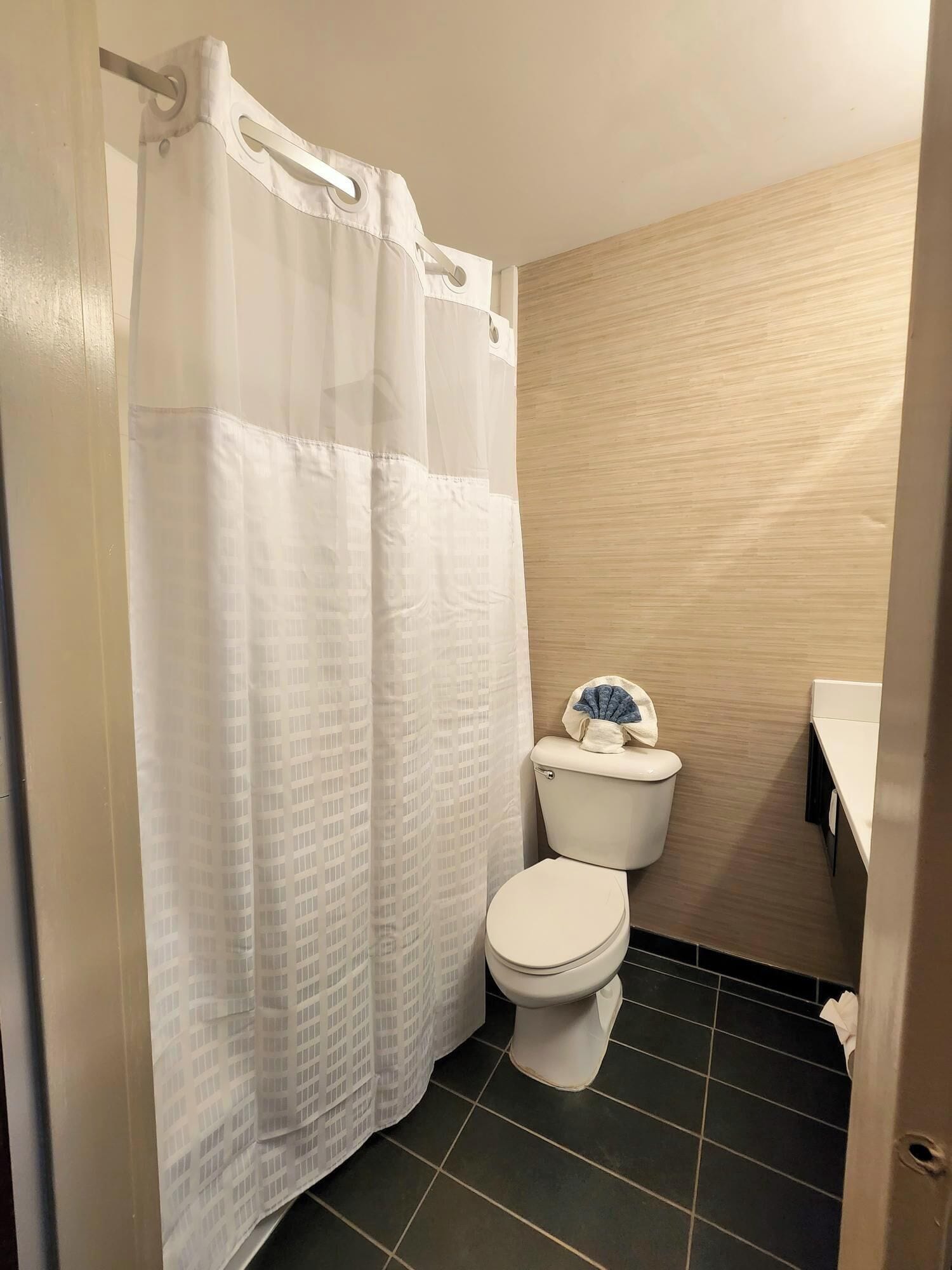 A bathroom with a toilet, a shower curtain, and a tiled floor.