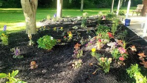 A garden area with various plants and flowers, a tree, and a brick structure in the background. - Traveller's peaceful paradise (Muskogee)