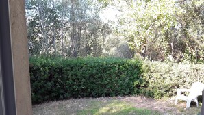 A view of a backyard with a well-maintained lawn, a hedge, and a white chair. - Maison Petit Jardin au Calme Parking (Afa)