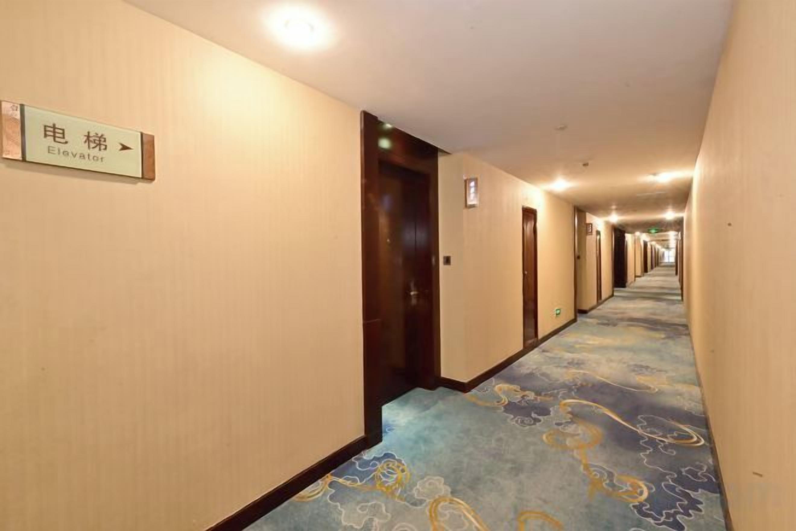 A hotel corridor with a carpeted floor and doors on one side.