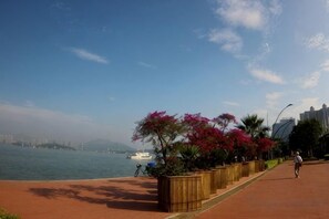 A paved waterfront walkway with wooden planters and a person walking. - Huajun Hotel (Xiamen)