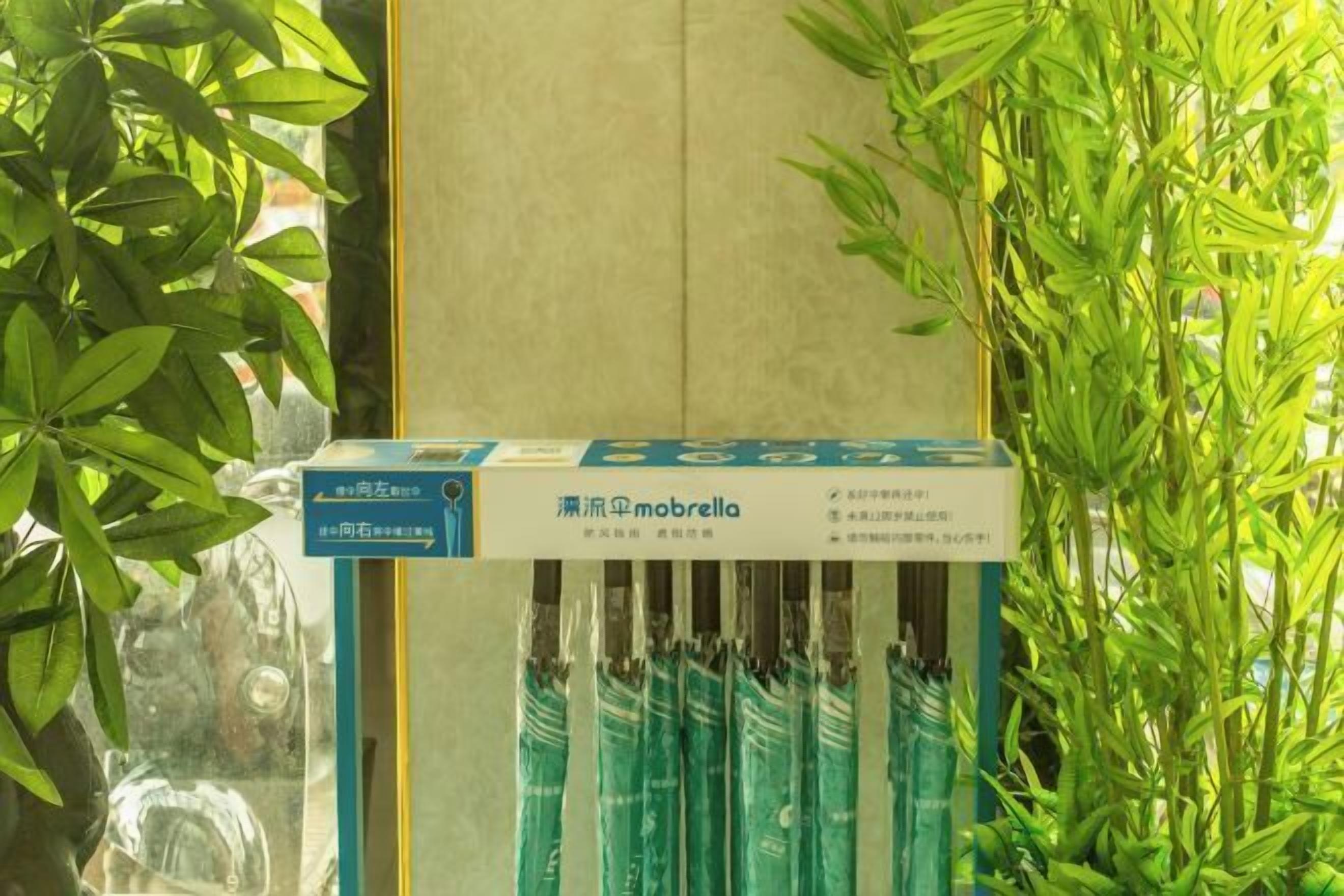 Une boîte de sacs en plastique verts, portant une étiquette sur laquelle est inscrit le mot « mobrella ».