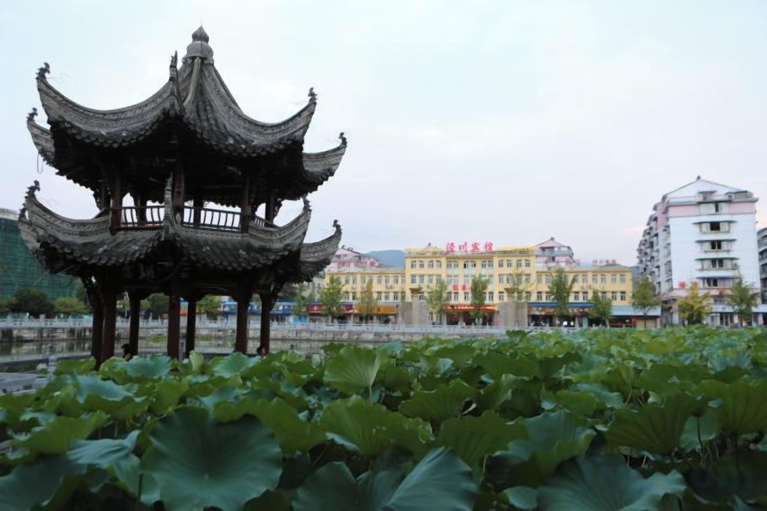 A traditional multi-tiered pavilion with a lotus pond in the foreground and a building with a sign in the background.
