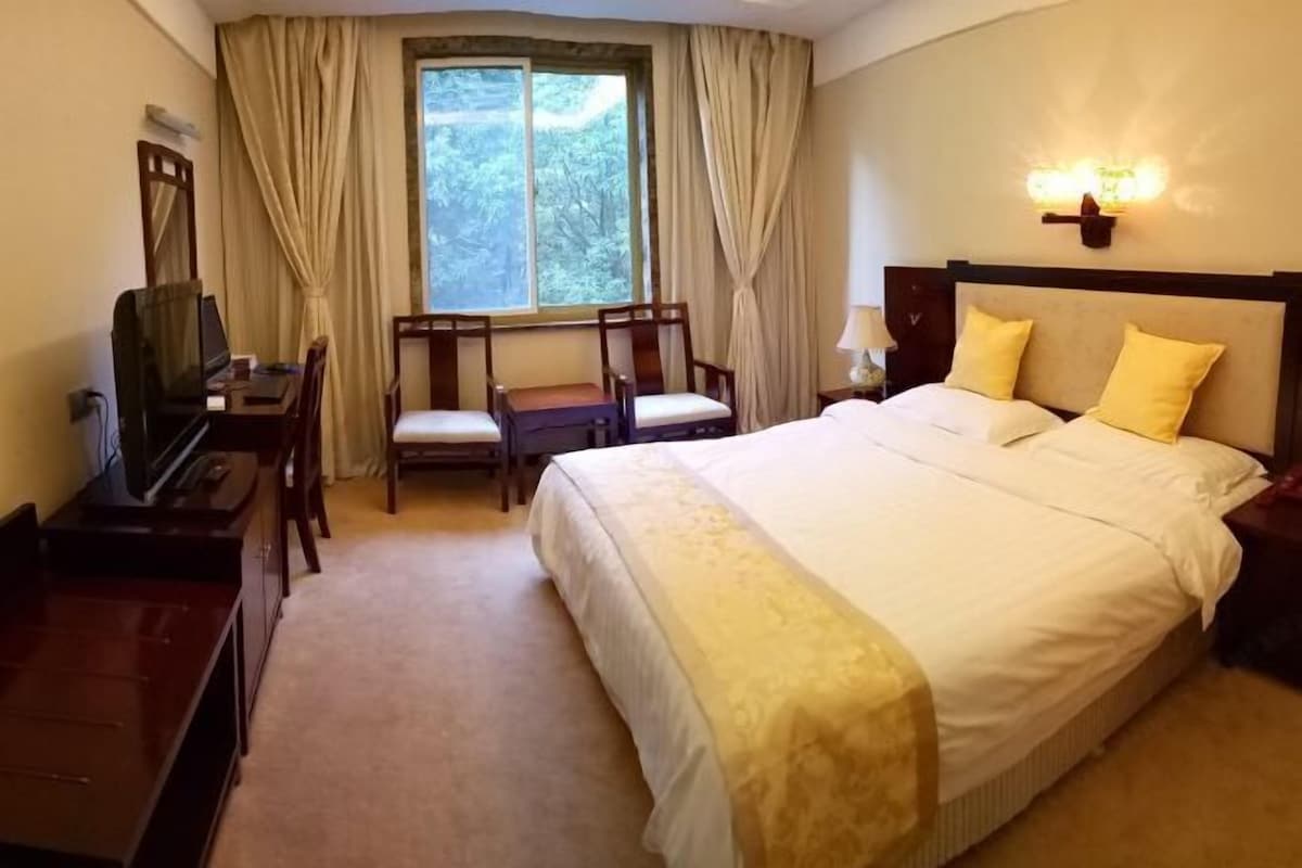 Habitación de hotel con una cama, un escritorio con silla, televisor y ventana con cortinas.