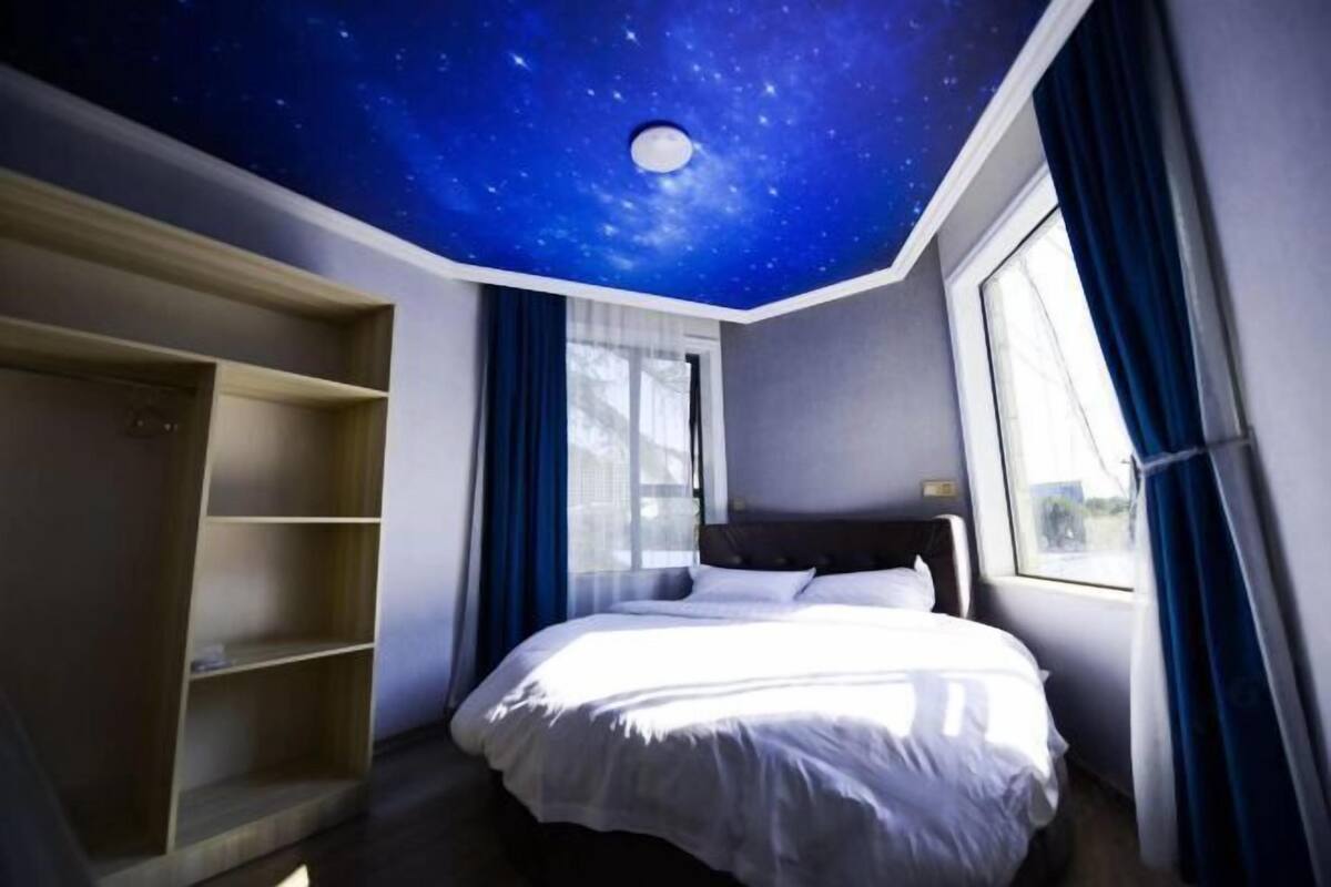 A bedroom with a starry ceiling, a bed, a wardrobe, and a window with curtains.