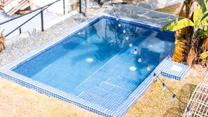 A rectangular pool with a tiled edge, surrounded by a grassy area and a palm tree.