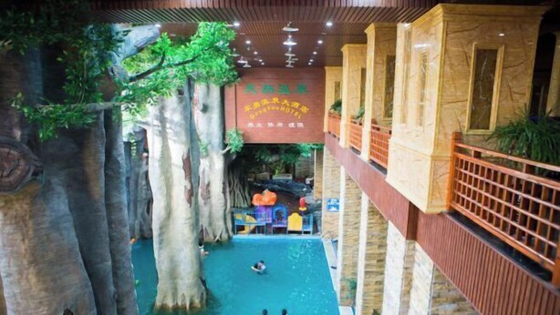 Une piscine intérieure agrémentée d’arbres artificiels et d’une cascade en arrière-plan.