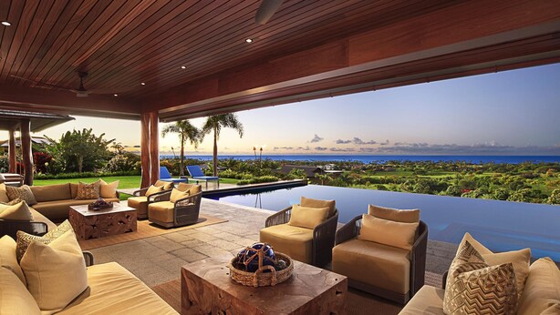 A luxurious outdoor lounge area with a wooden ceiling, comfortable seating, a pool, and a scenic ocean view. - Panoramic Ocean Views From Private Gated Estate (Kaloa)