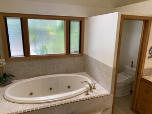 Combined shower/tub, hair dryer, towels, soap
