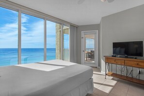 Enjoy breathtaking views of the sea from the balcony, where you can relax in comfort with a large bed and a TV for entertainment.