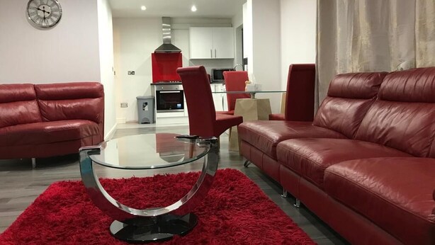 Un salon moderne avec des canapés en cuir rouge, une table basse en verre et un tapis rouge à longues mèches.